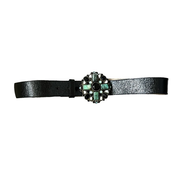 Leatherock Black Leather Belt with Ornate Gemstone Vtg LEATHEROCK Belt Womens Sz 36 Silver Leather Rhinestone  main image 2
